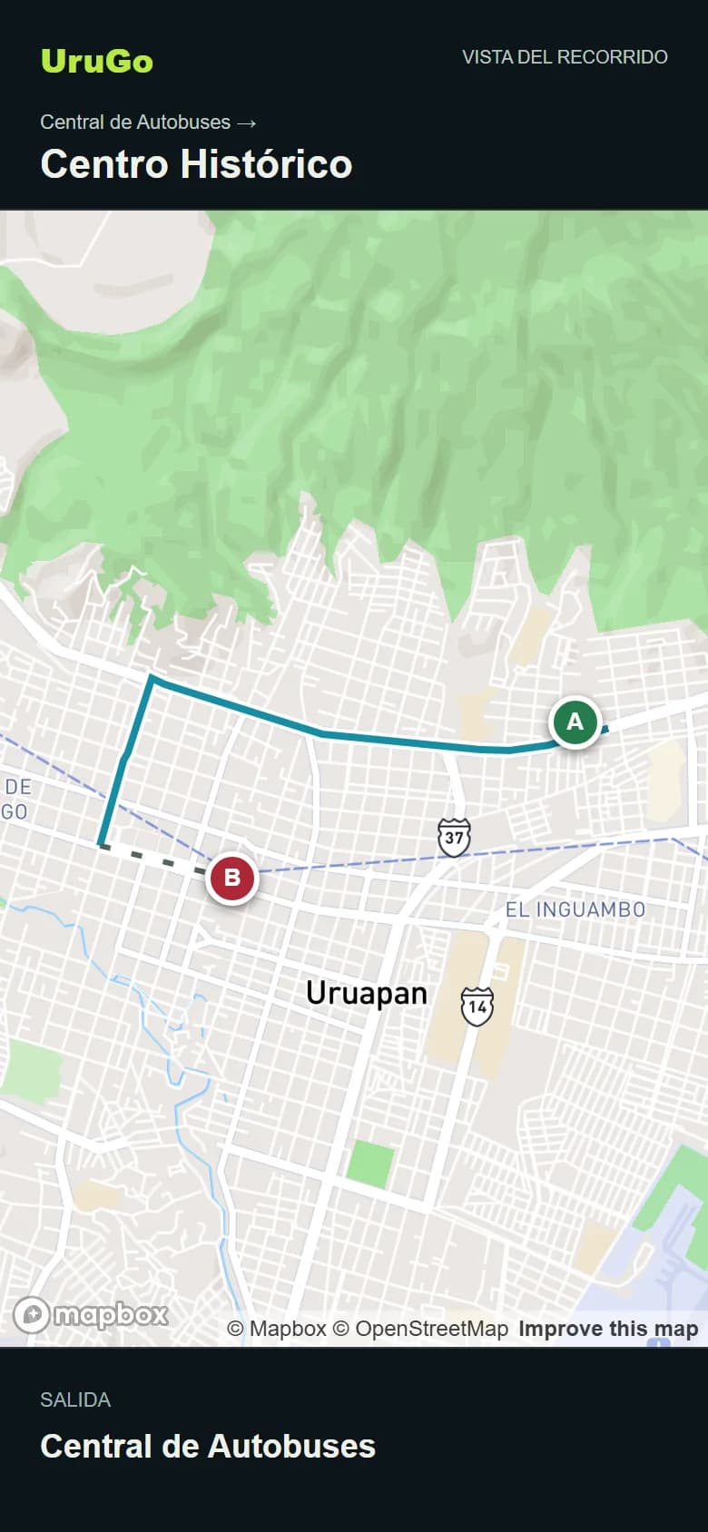 Central de Autobuses: vista del recorrido desde la Central de Autobuses a Centro Histórico